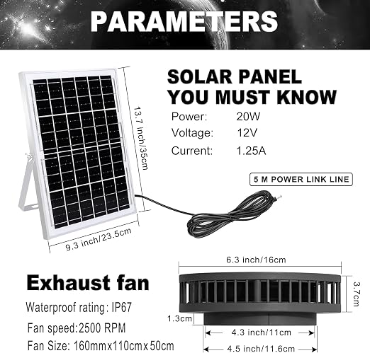 Solar Exhaust Fan with 20W Solar Panel, 12V DC Powered Ventilation Fan, 3.6W, 430 CFM Airflow, 2500 RPM, for Shed, Chicken Coop, Attic, Roof Vent